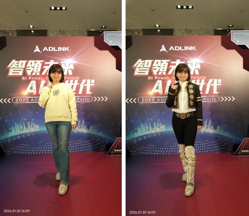 AI拍貼機 A/B 對照——左為凌華科技尾牙原照,右為 AI 變裝成機甲戰士