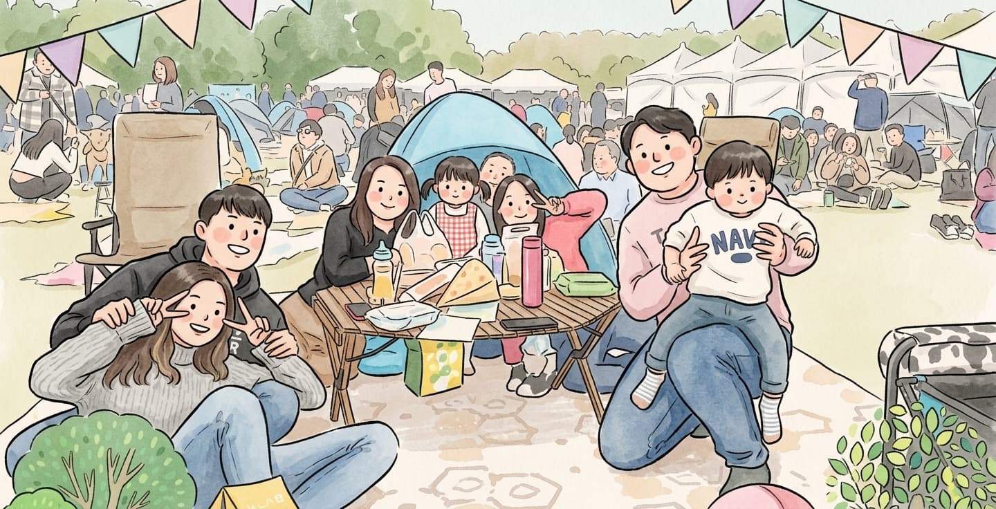 企業家庭日野餐的全家福,一次變成可愛插畫風