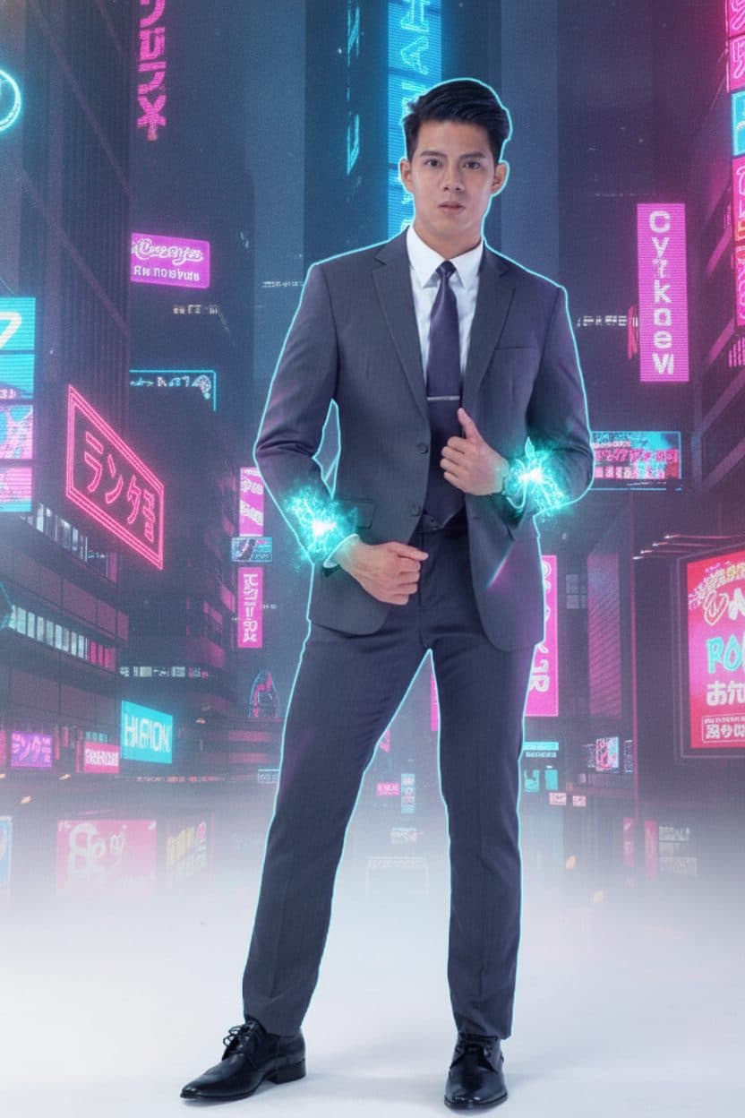 賽博龐克主題——同一位模特置身霓虹雨夜城市,保留原本西裝與臉孔