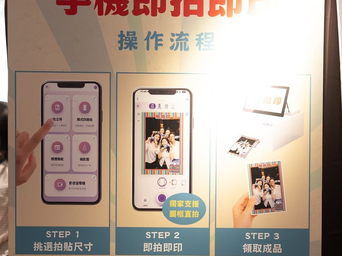 現場的「手機即拍即印」操作流程立牌,標示 STEP 1 挑選拍貼尺寸、STEP 2 即拍即印、STEP 3 領取成品