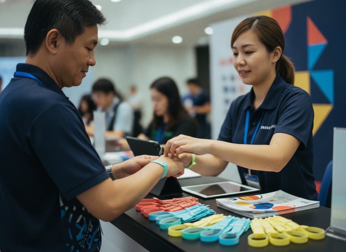報到桌上排開多色一次性手環,工作人員為賓客扣上手環