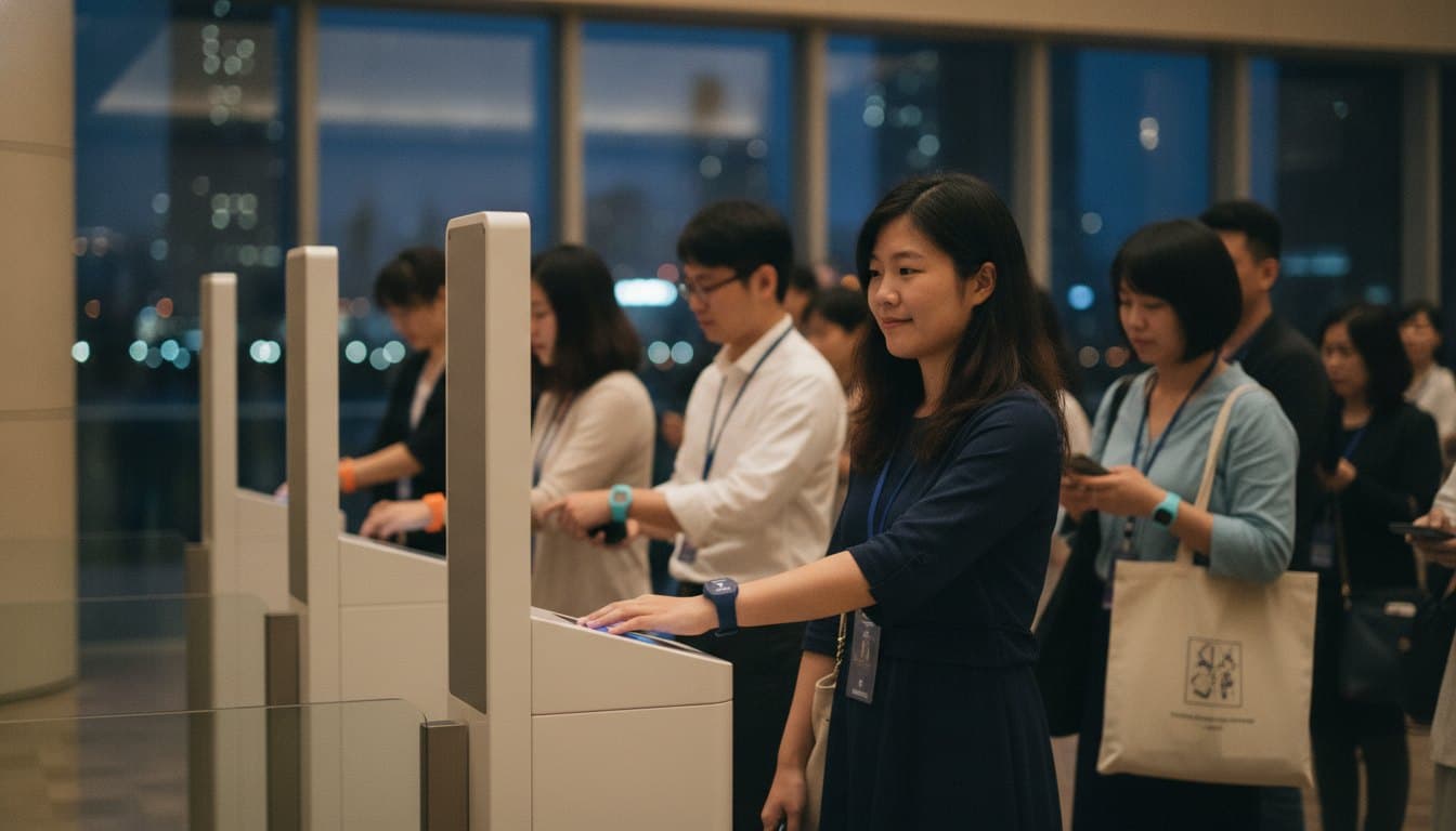 演出場館入口,賓客依序把手環靠向閘門感應器順暢通行